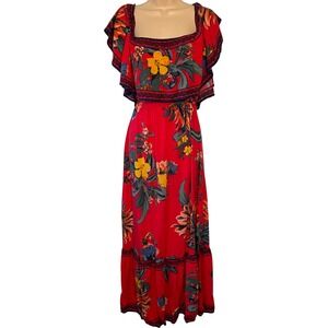 Flying Tomato Women's Maxi Dress Small Red Floral Ruffled Off Shoulder Boho